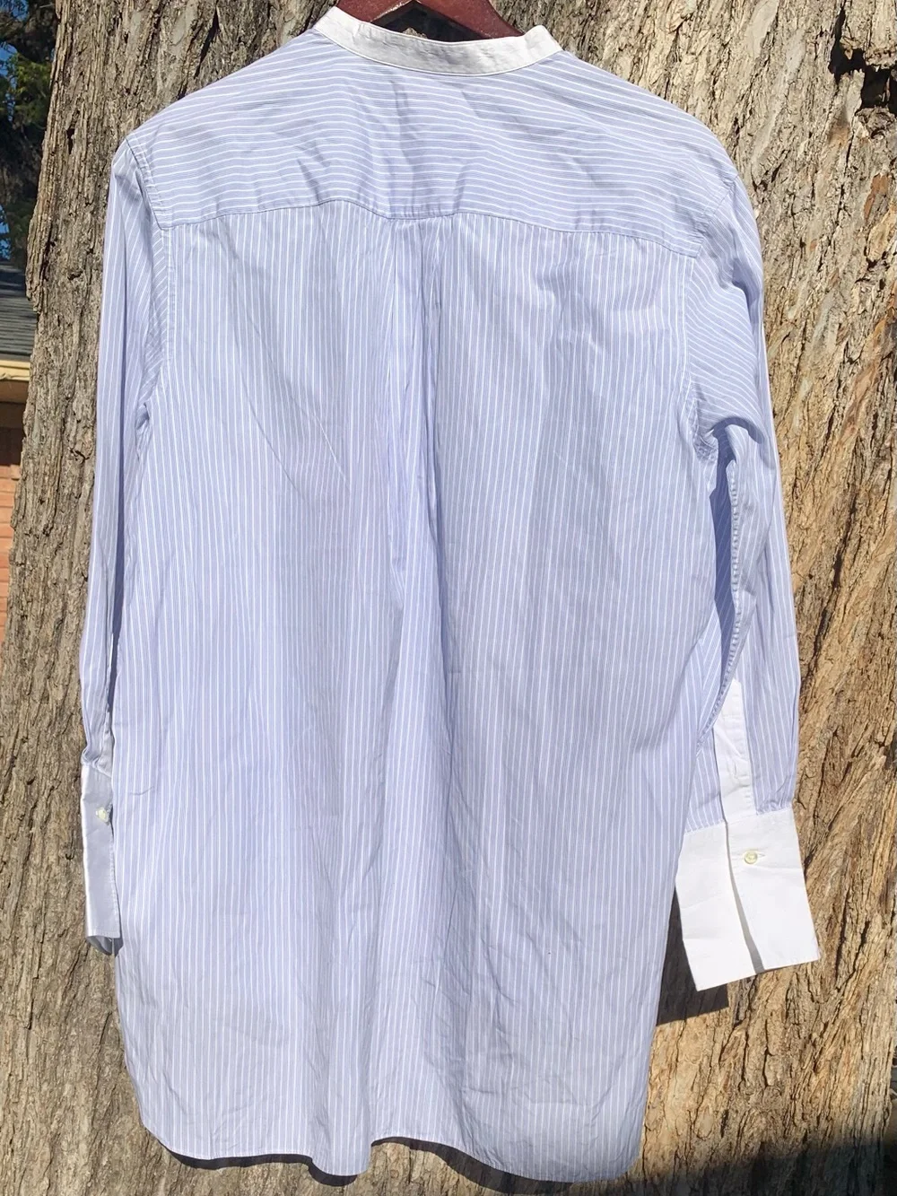 ANN MASHBURN Light Blue Pinstripe Grandad-Collar Shirt with White Accents